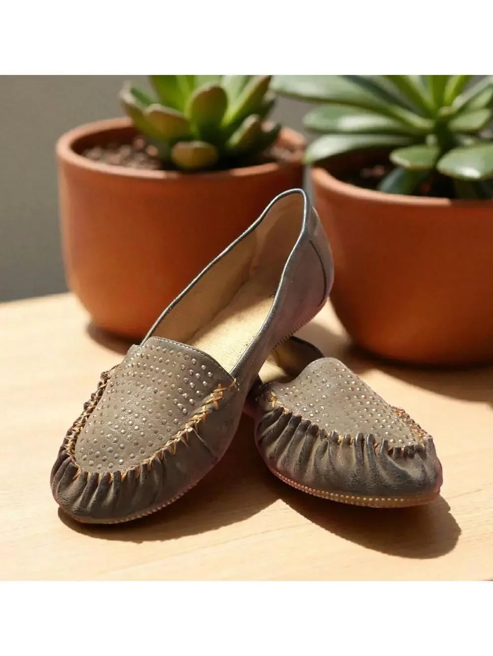 Nicole Alden Wide Moccasin Flats - Women 8.5W Comfort Shoes with Studded Detail